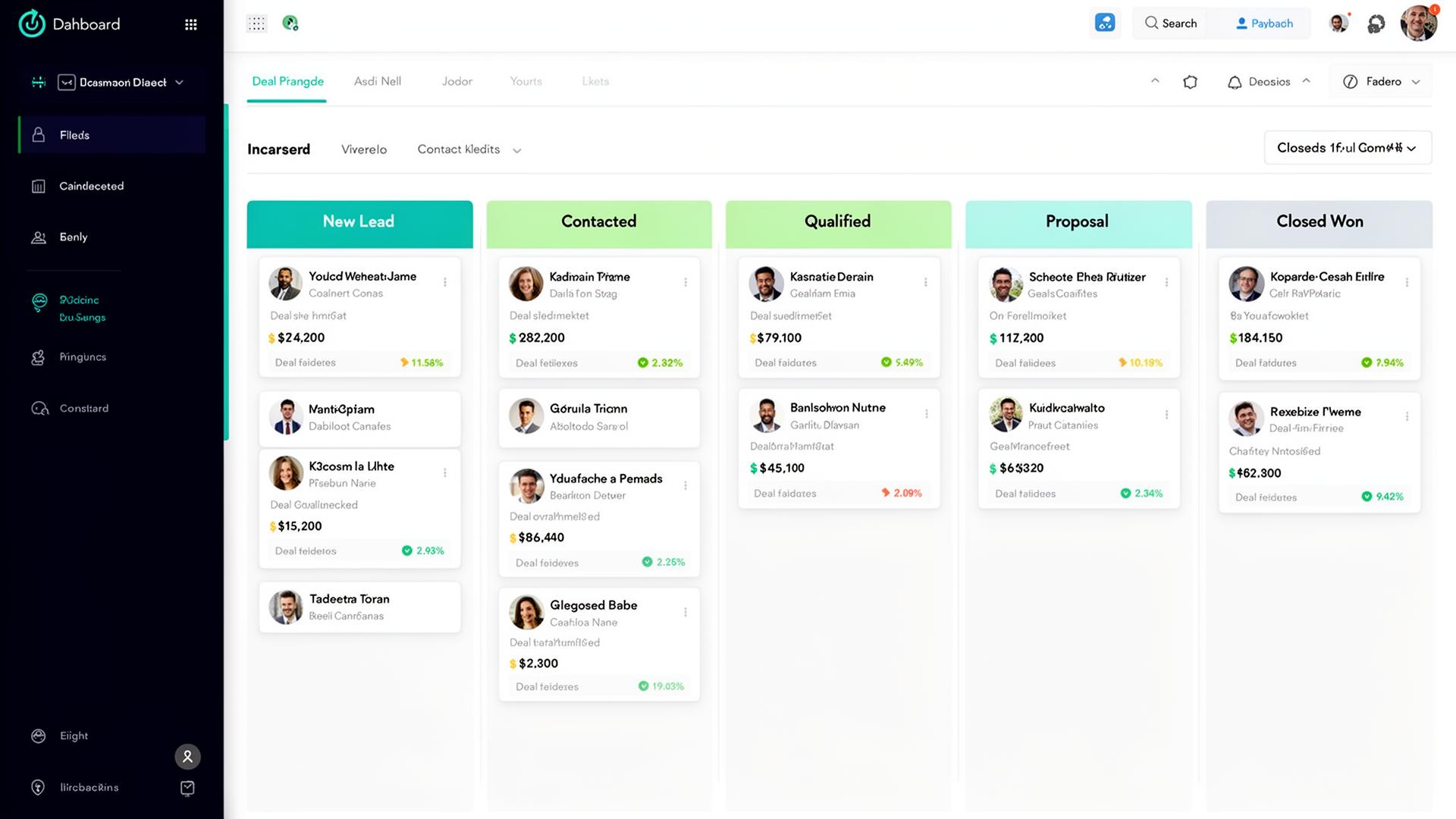 Real estate pipeline board with deal stages and contact cards